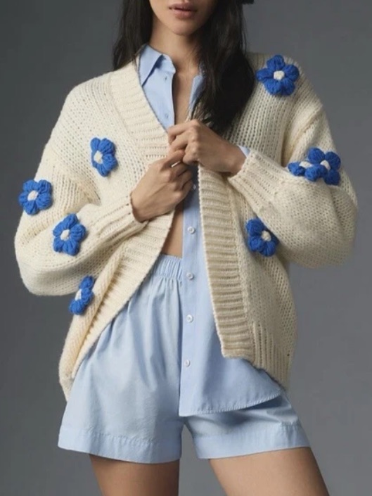 Maeve Anthropologie 3d Blue Floral Open Cream Knit Cardigan